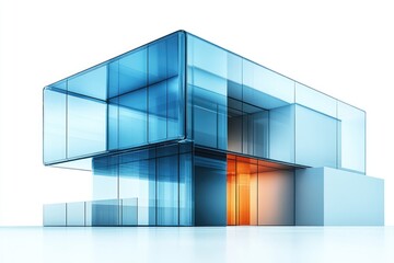 Poster - A modern architectural design featuring a blue glass building with an orange door, ideal for use in urban planning or real estate visualizations