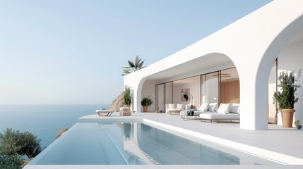 Wall Mural - luxury, minimalist white villa with a pool and a blue sea view. the villa features a terrace, a swim