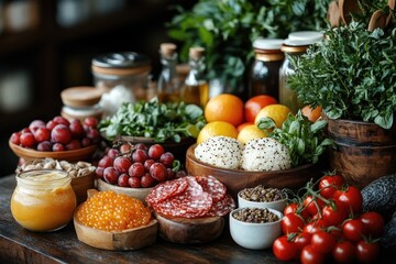 Poster - A variety of dishes on a wooden surface, perfect for event or party use