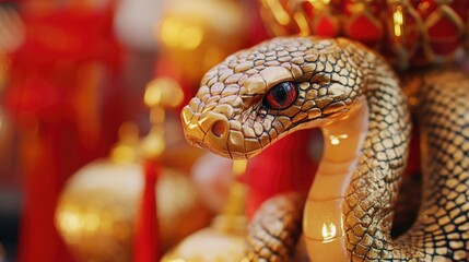 Poster - A sculpture of a snake with bright red eyes, perfect for use in fantasy or mystical themed designs