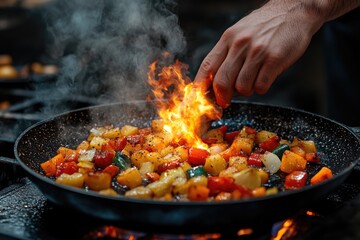 Poster - A frying pan filled with food on top of a stove, ideal for cooking and kitchen scenes