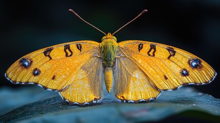 Poster - Close-up of a butterfly perched on a leaf, with intricate details and textures