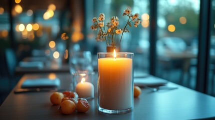 Aufkleber - A single candle burns brightly on a table in a cozy restaurant setting, perfect for romantic dinners or special occasions