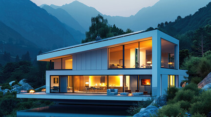 Poster - A modern, eco-friendly house situated in a serene mountain landscape, featuring large windows, solar panels on the roof, and clean, minimalist architecture.