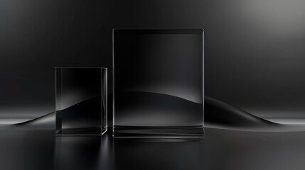 Wall Mural - Two square glass objects are placed on a black background