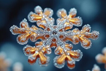 Poster - Detailed image of a single snowflake against a bright blue background, ideal for winter or cold weather themed projects