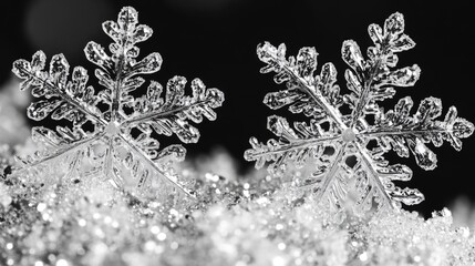 Aufkleber - A pair of snowflakes resting on top of a pile of snow, perfect for winter-themed designs and illustrations