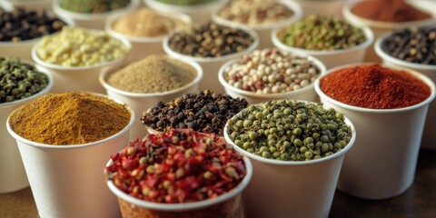 Poster - A selection of different spices in small cups, great for displaying or using in cooking demonstrations