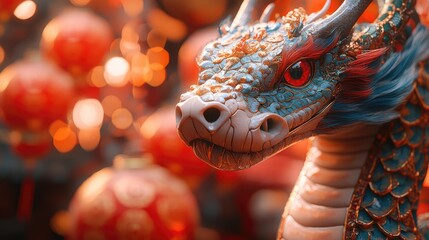 Poster - A detailed view of a dragon sculpture with intricate details, suitable for fantasy or mythical themed designs