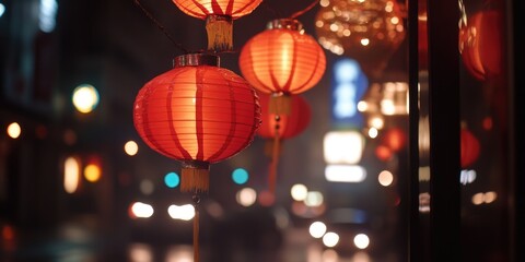 Aufkleber - A cluster of bright red lanterns suspended from a pole, creating a warm and cozy atmosphere