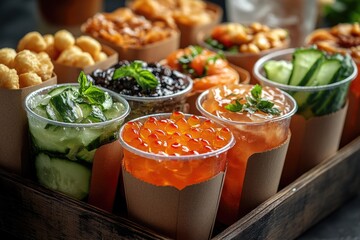 Poster - A wooden tray filled with various types of food, perfect for a buffet or snack display