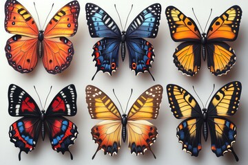 Poster - A group of colorful butterflies on a white background, ideal for use in illustrations or designs