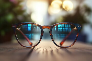 Poster - A pair of glasses sits on top of a wooden table, ready for use