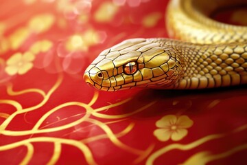 Aufkleber - A close-up of a golden snake's head on a vibrant red background, ideal for illustrations and designs