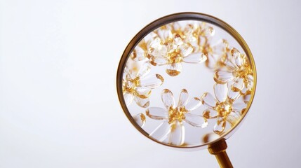 Poster - A detailed view of a magnifying glass examining flowers, ideal for use in scientific or educational contexts