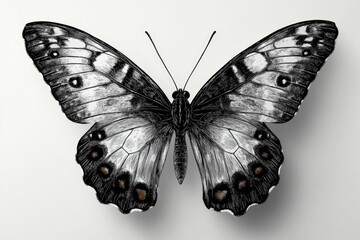 Poster - A black and white butterfly sits on a white surface, its delicate wings spread out