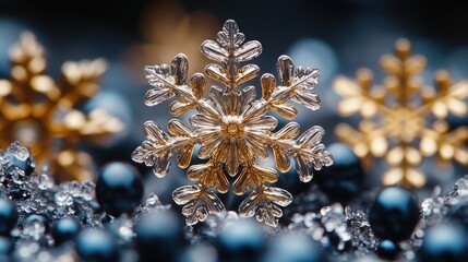 Poster - A close-up view of a delicate snowflake against a bright blue background