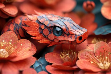 Poster - A close-up view of a snake surrounded by flowers