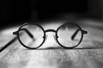 Poster - A pair of glasses resting on a wooden table, ready for use