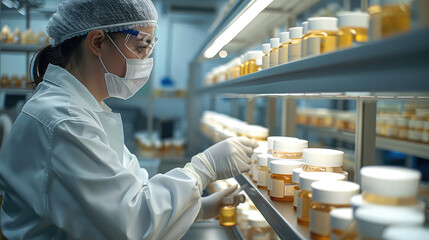 Poster - In the lab at the factory where worker is cosmetics are packaged.