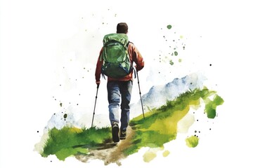 Poster - A watercolor illustration of a person hiking outdoors, with mountains and trees in the background