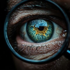 Poster - A magnifying glass focuses on a person's eye, providing a detailed view