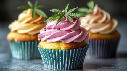 Poster - A stack of three colorful cupcakes topped with pink frosting and decorated with green leaves