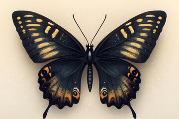 Wall Mural - A close-up shot of a black butterfly with yellow spots on its wings, taken in natural light