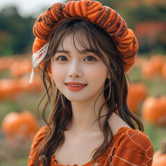 Wall Mural - A young Japanese woman with brown hair is wearing a pumpkin-design hat and an orange dress, smiles, the background features soft-focus pumpkins and autumn park.