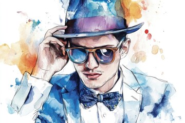 Poster - A person wearing a hat and sunglasses in a watercolor style