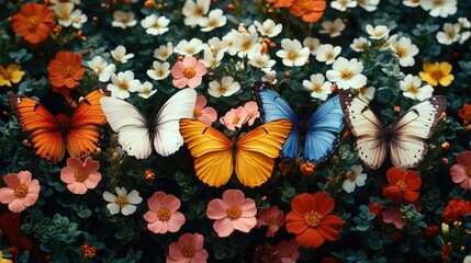 Poster - A cluster of colorful butterflies perched on a lush bed of flowers