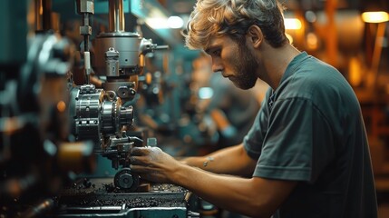 Aufkleber - Operator operating a lathe machine, machining metal parts, metalworking process.