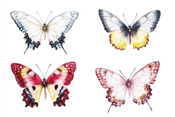 Poster - A close-up shot of four colorful butterflies perched on a white surface