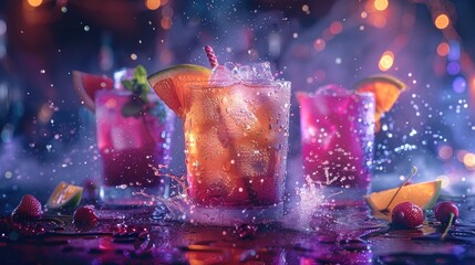 Poster - Different splashing cocktails and a lot electric bolts, and disco lights and lasers, purple colors.