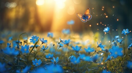 Poster - Beautiful spring meadow with blue flowers and green grass, a butterfly flying in the air, blurred background of sun rays through the trees.