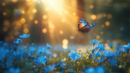 Poster - Beautiful spring meadow with blue flowers and green grass, a butterfly flying in the air, blurred background of sun rays through the trees.