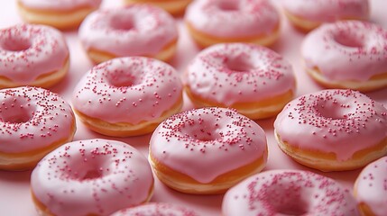 Poster - Assortment of freshly baked delicious donuts, pink, top view.