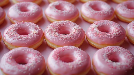 Poster - Assortment of freshly baked delicious donuts, pink, top view.