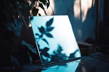 Canvas Print - A simple setting featuring a mirror, a plant, and a table