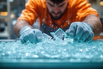 Poster - A person wearing an orange shirt is cutting glass in a focused manner