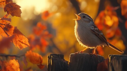 Singing bird perched on wooden fence post during autumn sunset with vibrant fall foliage.