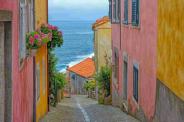 Poster - Colorful coastal alleyway descending to ocean view.