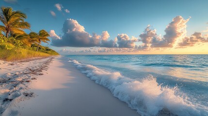 Poster - Serene tropical beach at sunrise. Soft waves lapping on pristine white sand with palm trees on the shore.