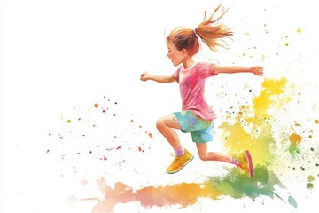 Poster - A young girl in motion, holding a tennis racket, possibly heading to a match or practice session
