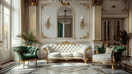 Wall Mural - Vintage living room interior with gold and emerald green, luxury apartment featuring retro furniture, elegant sofa and stylish decor in home design.