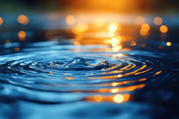 Poster - A close-up shot of a single water drop suspended in a body of water, with ripples and reflections