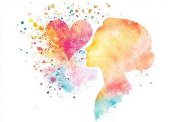 Poster - A beautiful watercolor illustration of a woman's silhouette with a heart, perfect for romantic or emotional concepts