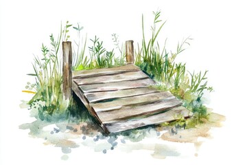 Poster - A watercolor painting of a serene wooden bridge surrounded by lush green grass, perfect for use in environmental or landscape designs