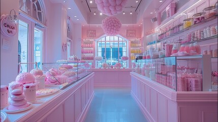 Poster - A modern and fun sweet store in pastel colors, beautiful displays, chandelier made from candy floss.
