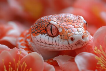 Poster - Close-up shot of a snake surrounded by colorful flowers